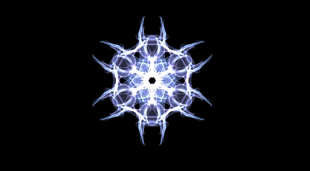A glowing blue and white abstract fractal design resembling a snowflake against a solid black background.